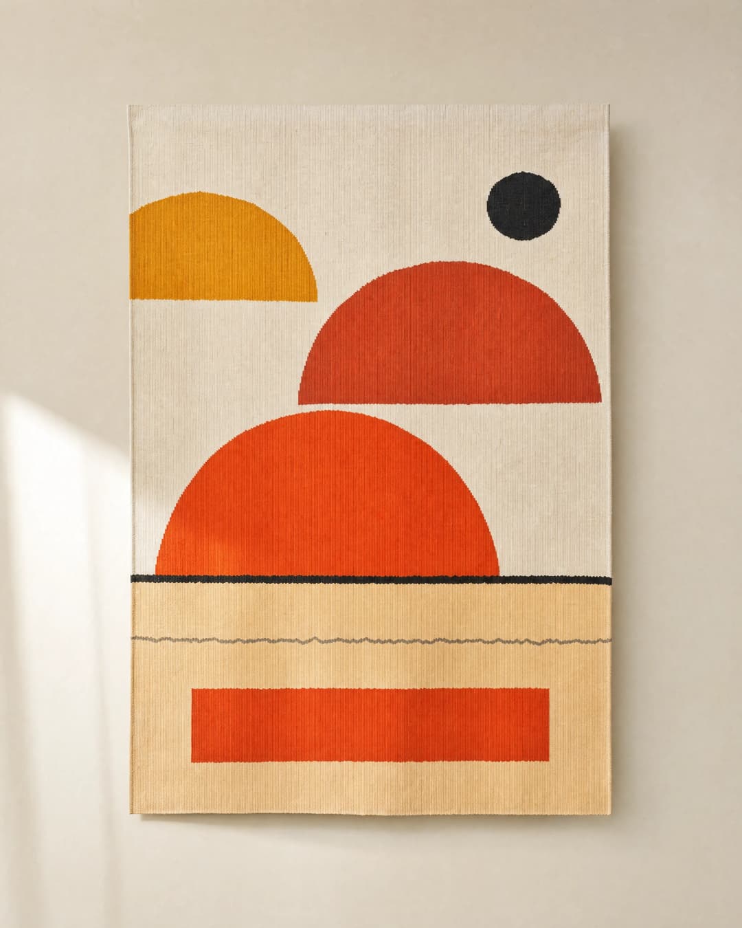 Solstice photographed flat — a 180 × 120 cm hand-woven panel